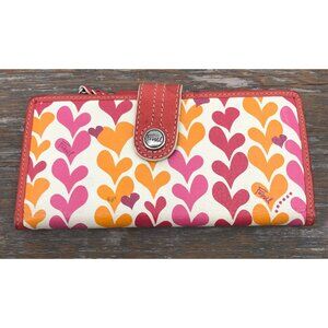 Vintage Fossil Red Bi-Fold Leather Wallet Pink Orange Hearts Polka Dot Lining